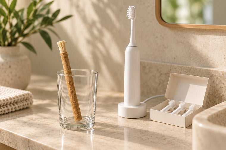 A bathroom counter with an electric toothbrush on its charger, a box of replacement heads and a miswak stick standing in a glass
