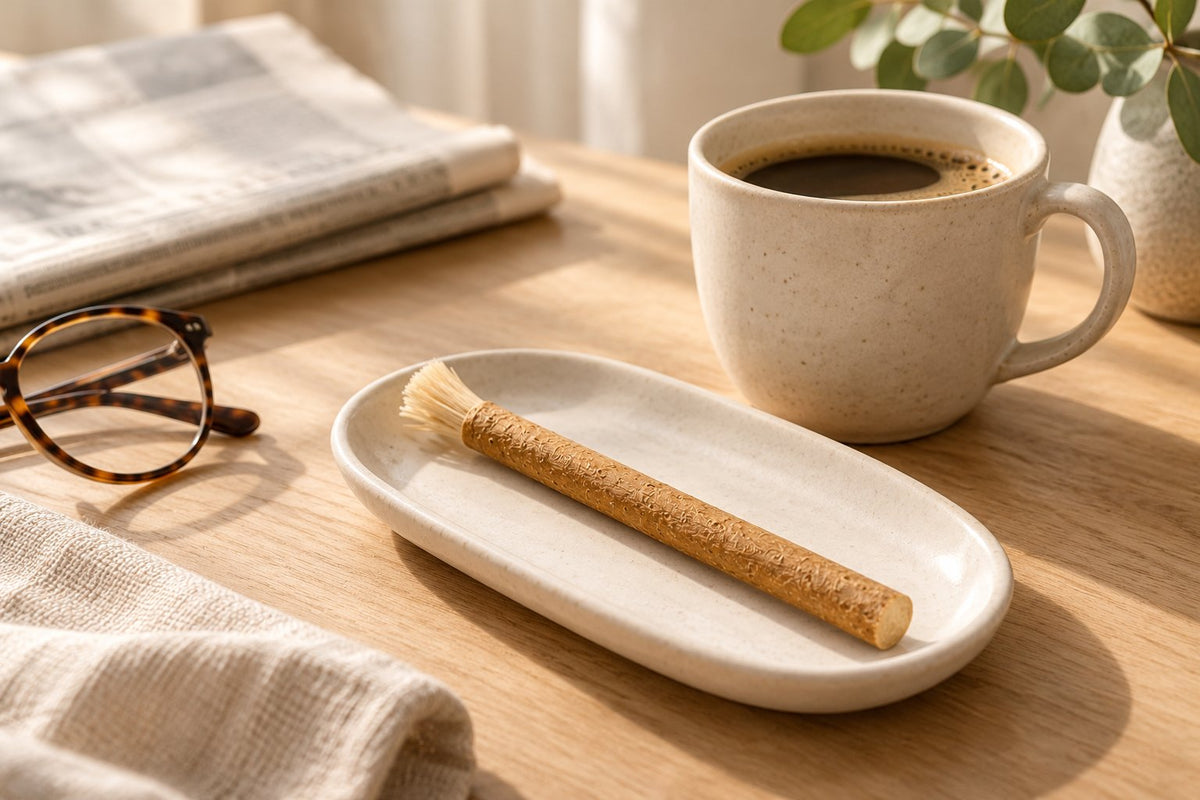 A kitchen table in the morning: a coffee mug, reading glasses and a miswak stick on a small saucer