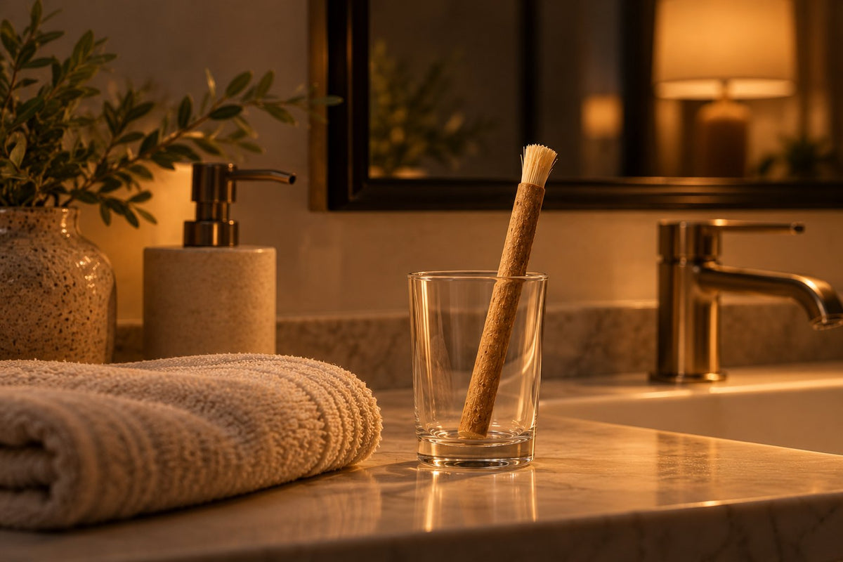 A bathroom at night in warm lamp light with a miswak stick standing in a glass beside a folded towel