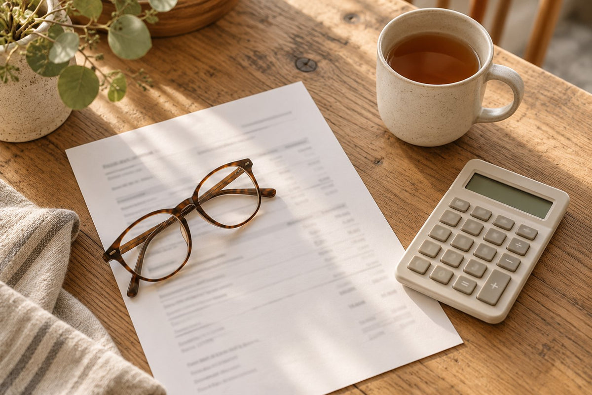 A kitchen table with a printed estimate, reading glasses, a calculator and a cup of tea