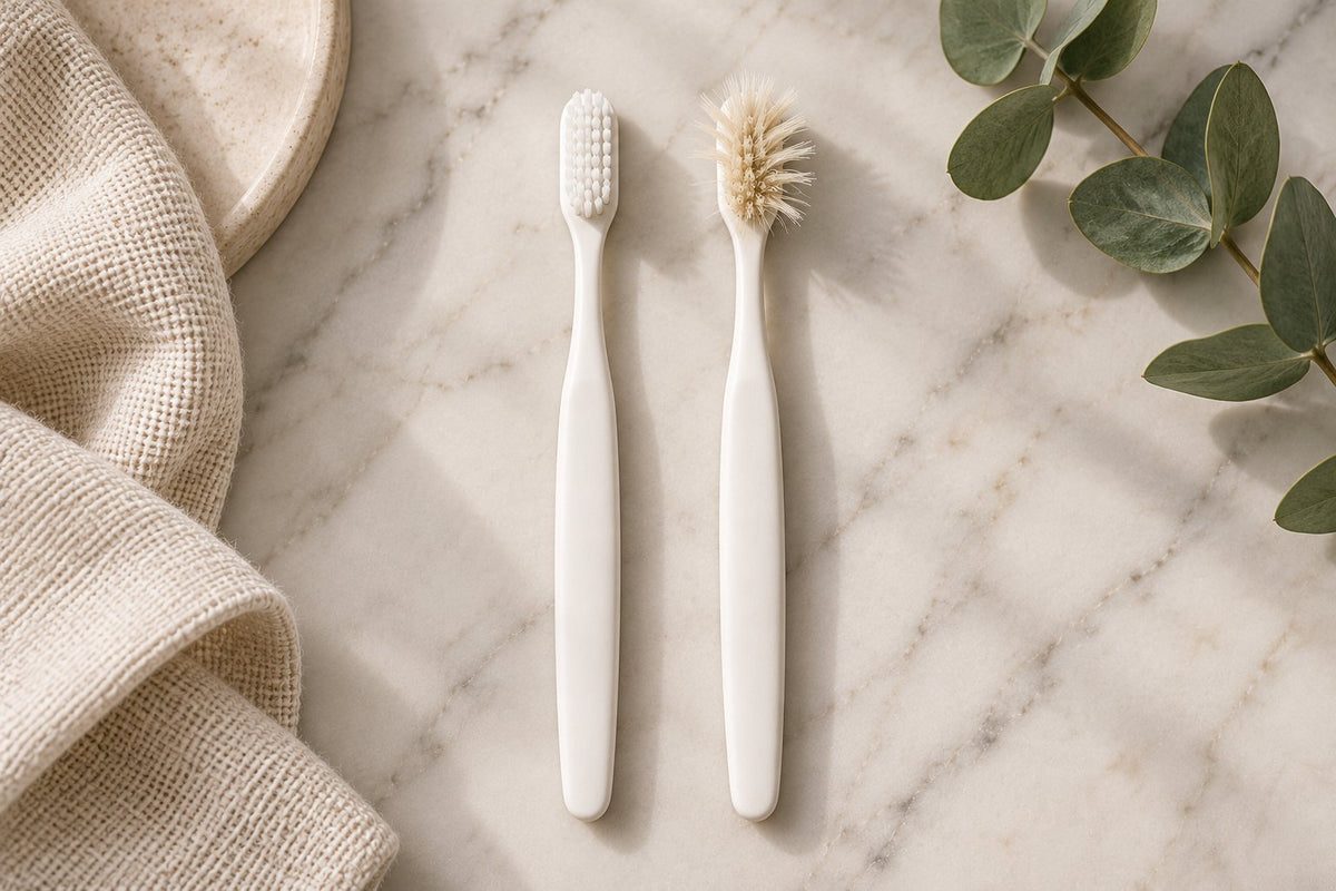 A new toothbrush next to a three-month-old toothbrush with splayed, frayed bristles, seen from above