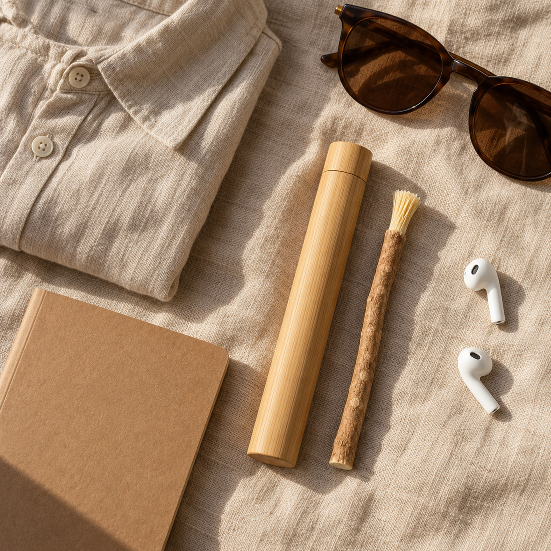Travel flatlay with the bamboo case, a miswak stick, sunglasses and a notebook