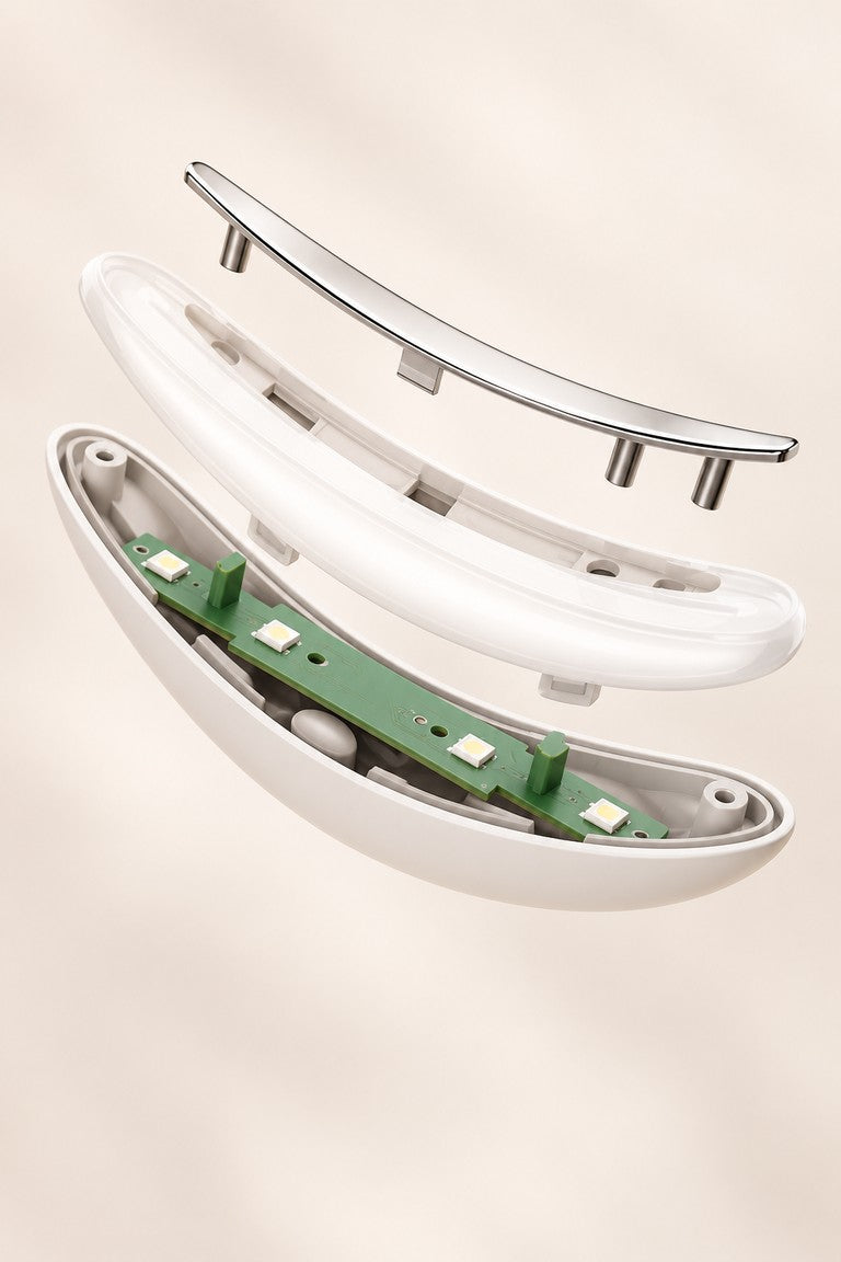 Illustration of the curved contact plate, diffuser and green circuit board based on the supplier's construction view