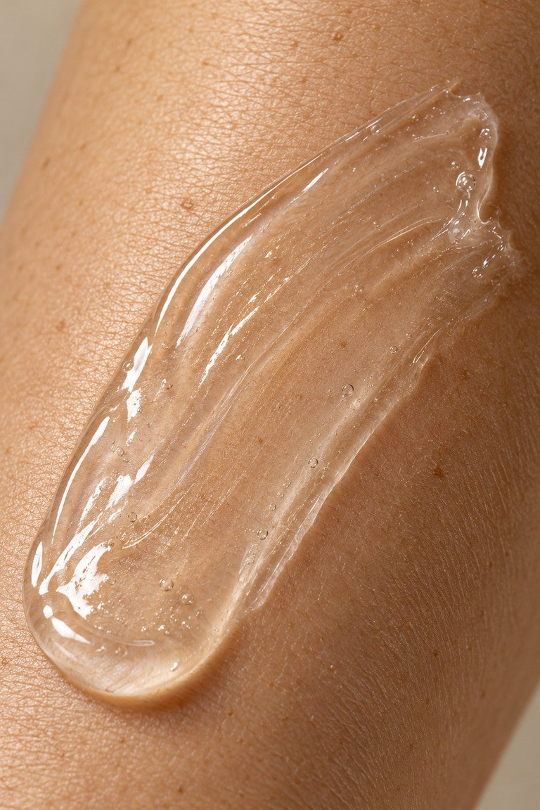 A thin translucent skincare gel spread across naturally textured skin
