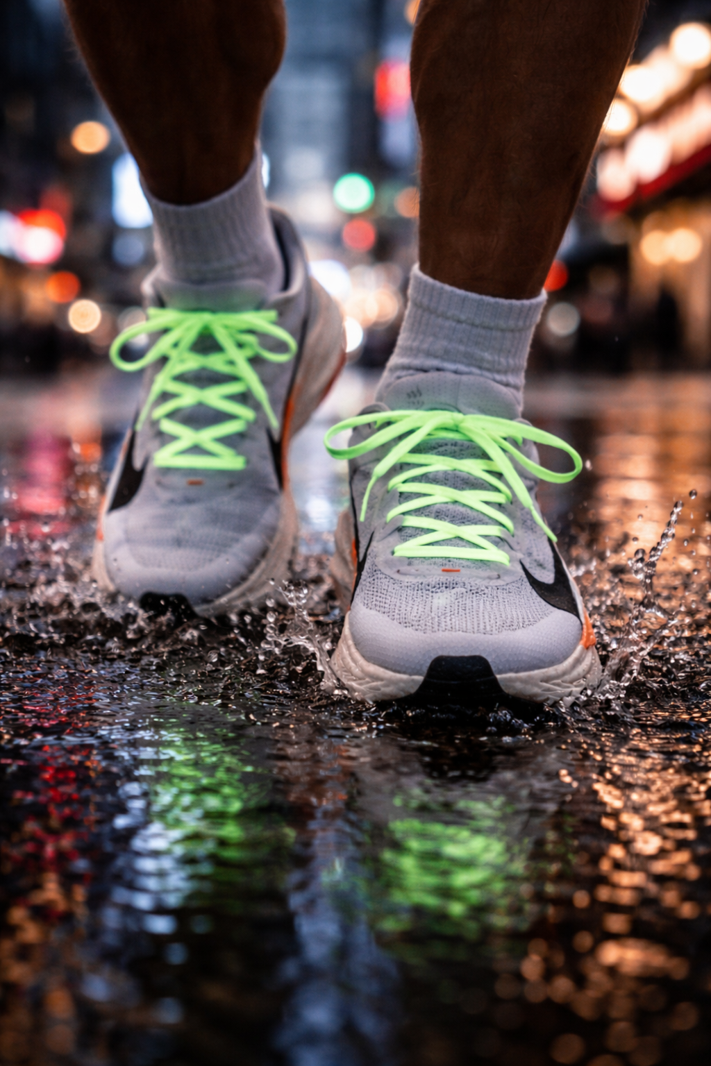 GlowLaces on running shoes at night
