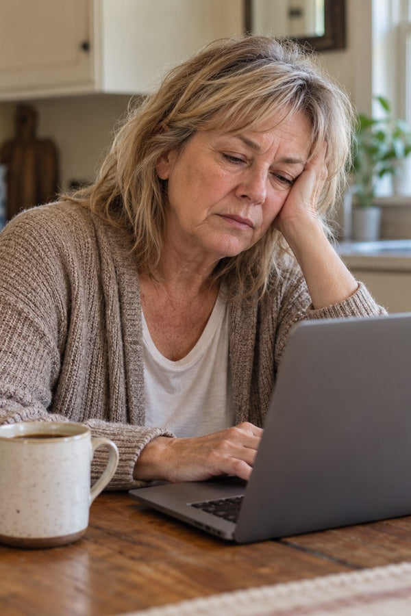 A woman around sixty resting her head in her hand at the kitchen table