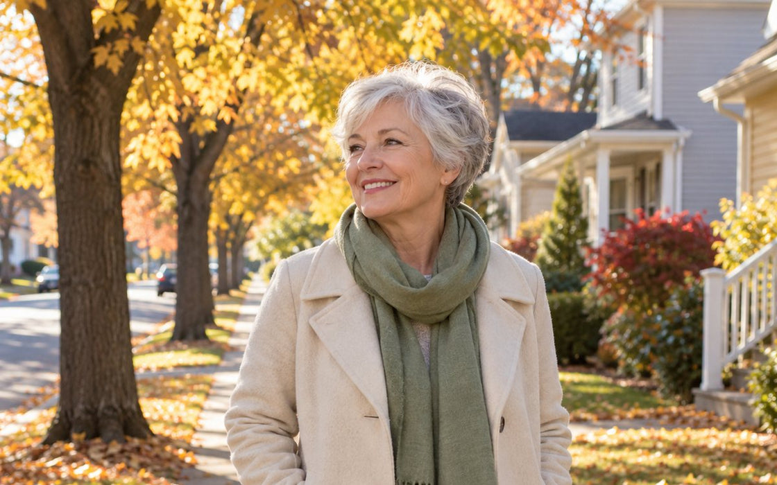 A woman around sixty on a relaxed autumn morning walk